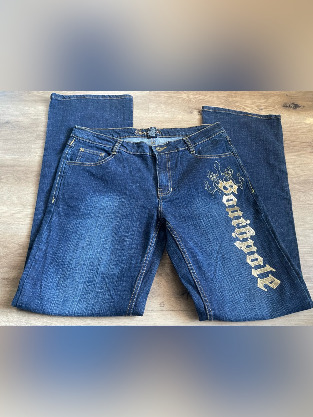 South Pole Dark Blue Bootcut Jeans with Gold Graphic Y2K